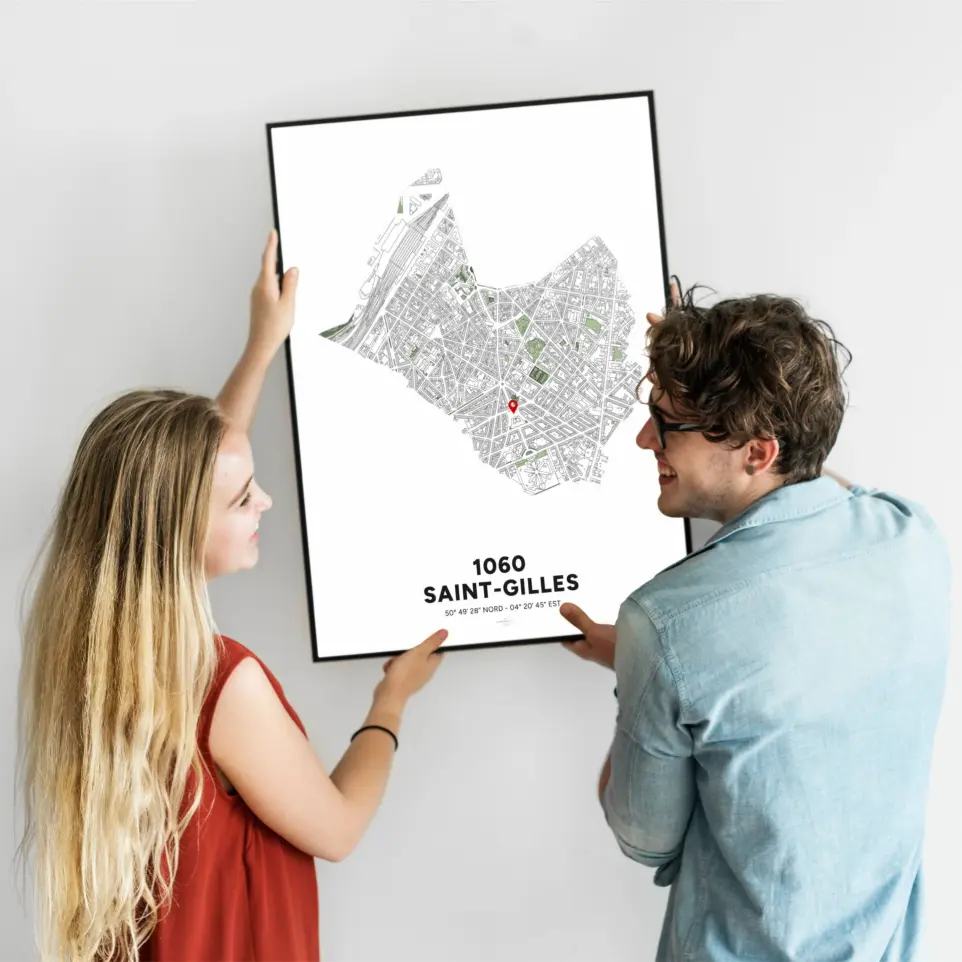 Poster avec la carte de Saint-Gilles, à Bruxelles. Poster avec la carte de Bruxelles personnalisée.